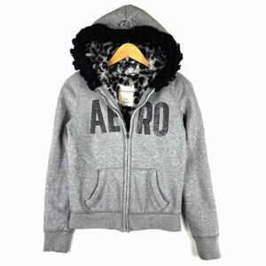 Vintage Y2K Aeropostale Womens Medium Cheetah Line Faux Fur Hood Rhinestone Logo